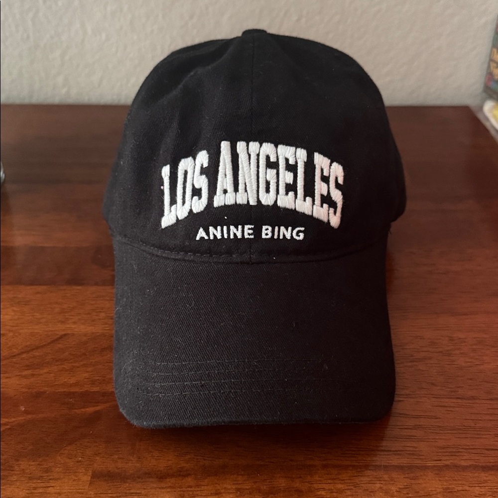 Anine Bing Black Cap with White Embroidery